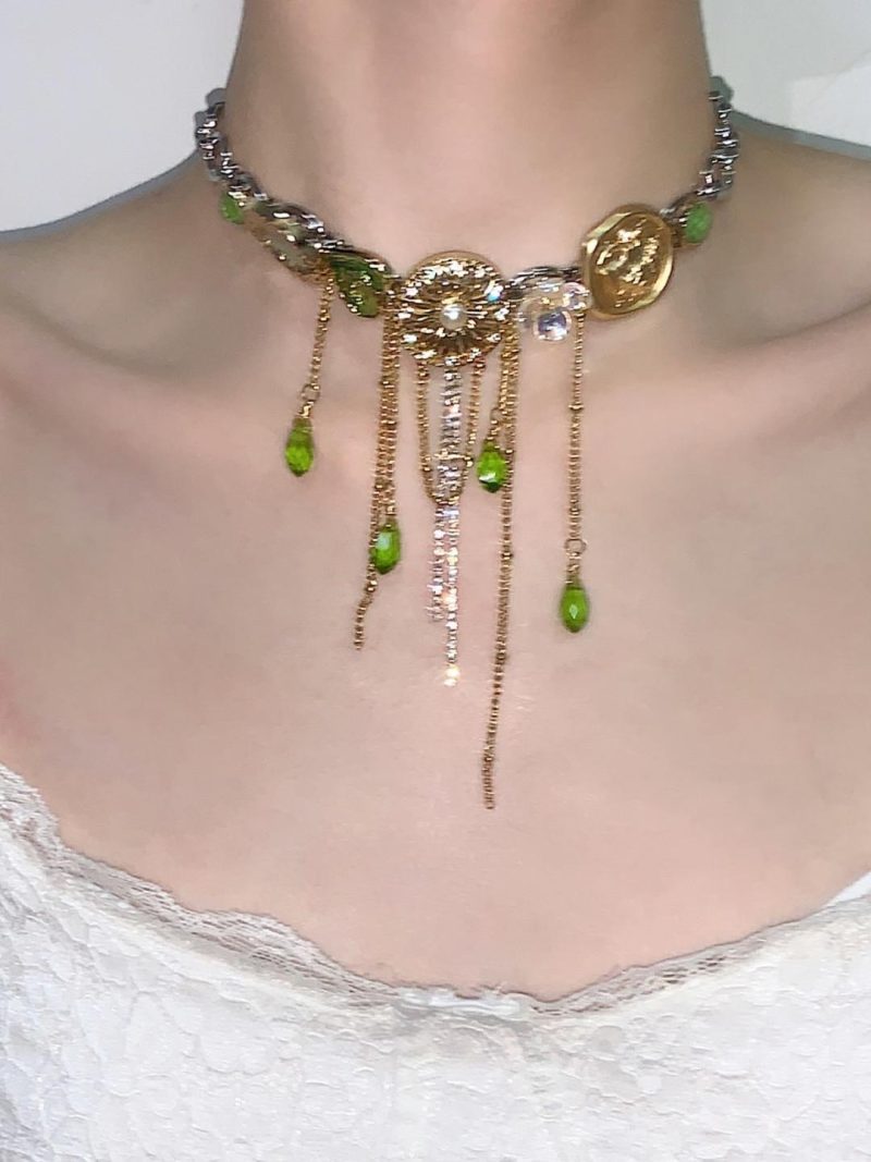 RetroButtonsGreenDropsTasselChokerNecklace1