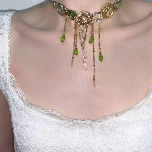 RetroButtonsGreenDropsTasselChokerNecklace3