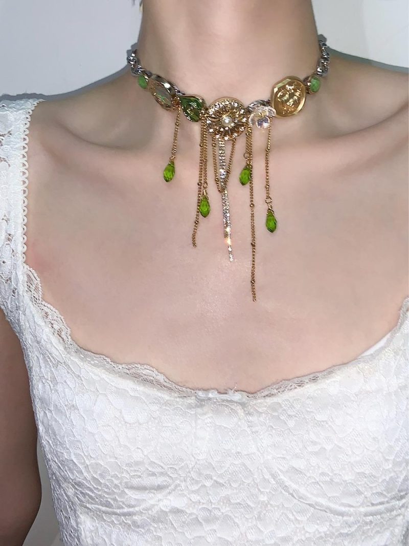 RetroButtonsGreenDropsTasselChokerNecklace3