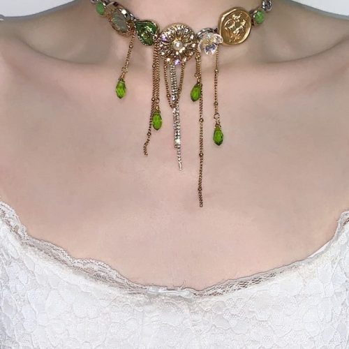 RetroButtonsGreenDropsTasselChokerNecklace5