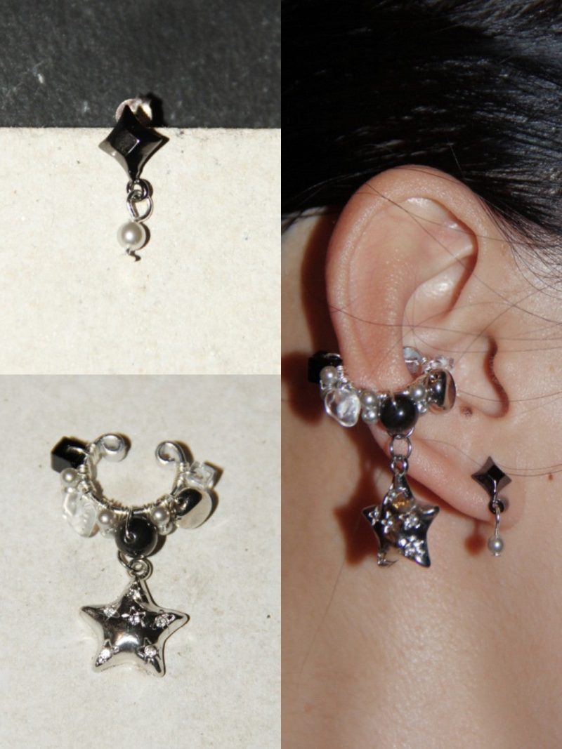 SilverBlackStarClipEarrings1