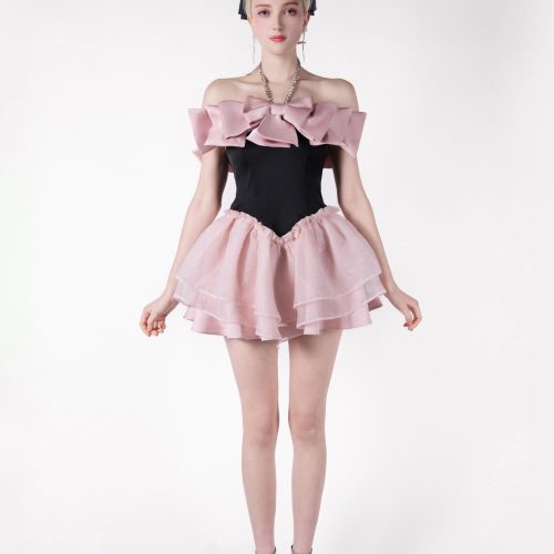 SophiaBlack PinkBowRhinestoneFlareDress2