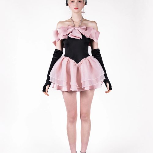 SophiaBlack PinkBowRhinestoneFlareDress3