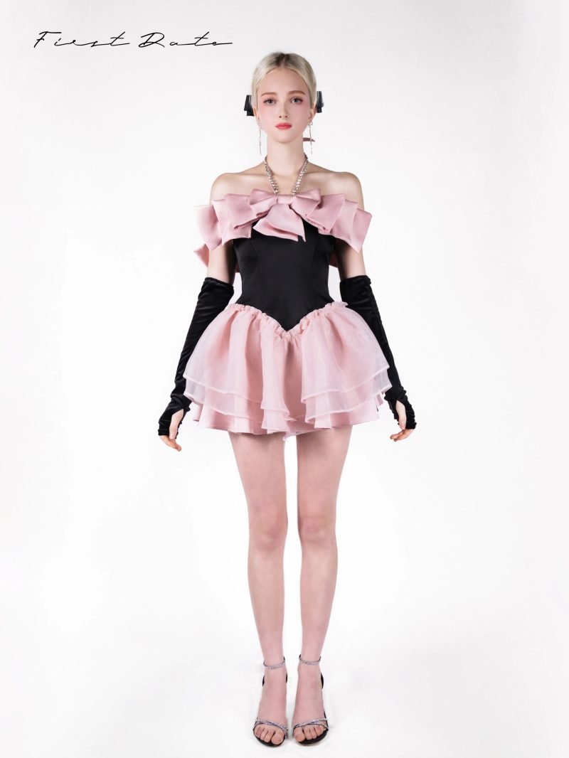 SophiaBlack PinkBowRhinestoneFlareDress3