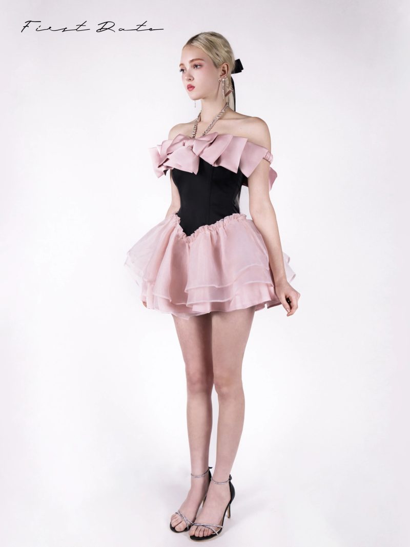 SophiaBlack PinkBowRhinestoneFlareDress5