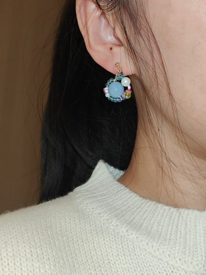 SummerBubbleBluePinkPearlBeadedEarrings6