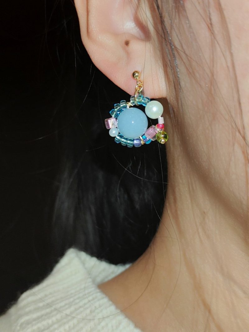 SummerBubbleBluePinkPearlBeadedEarrings9