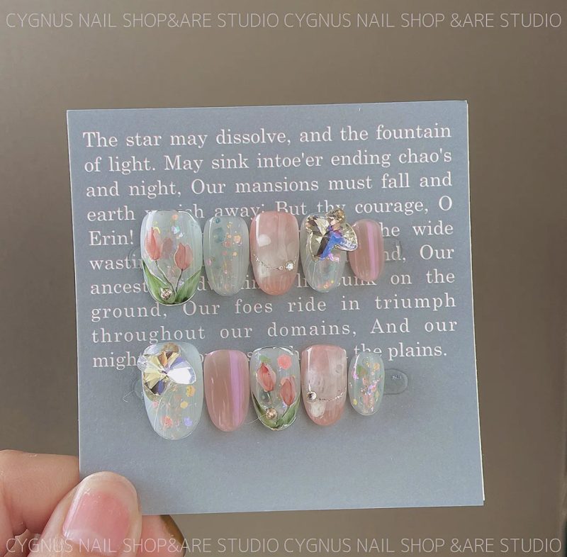 TulipSpringHandPaintedPressOnNailsSet6