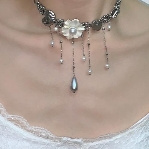 WhiteFlowerTasselChokerNecklace11