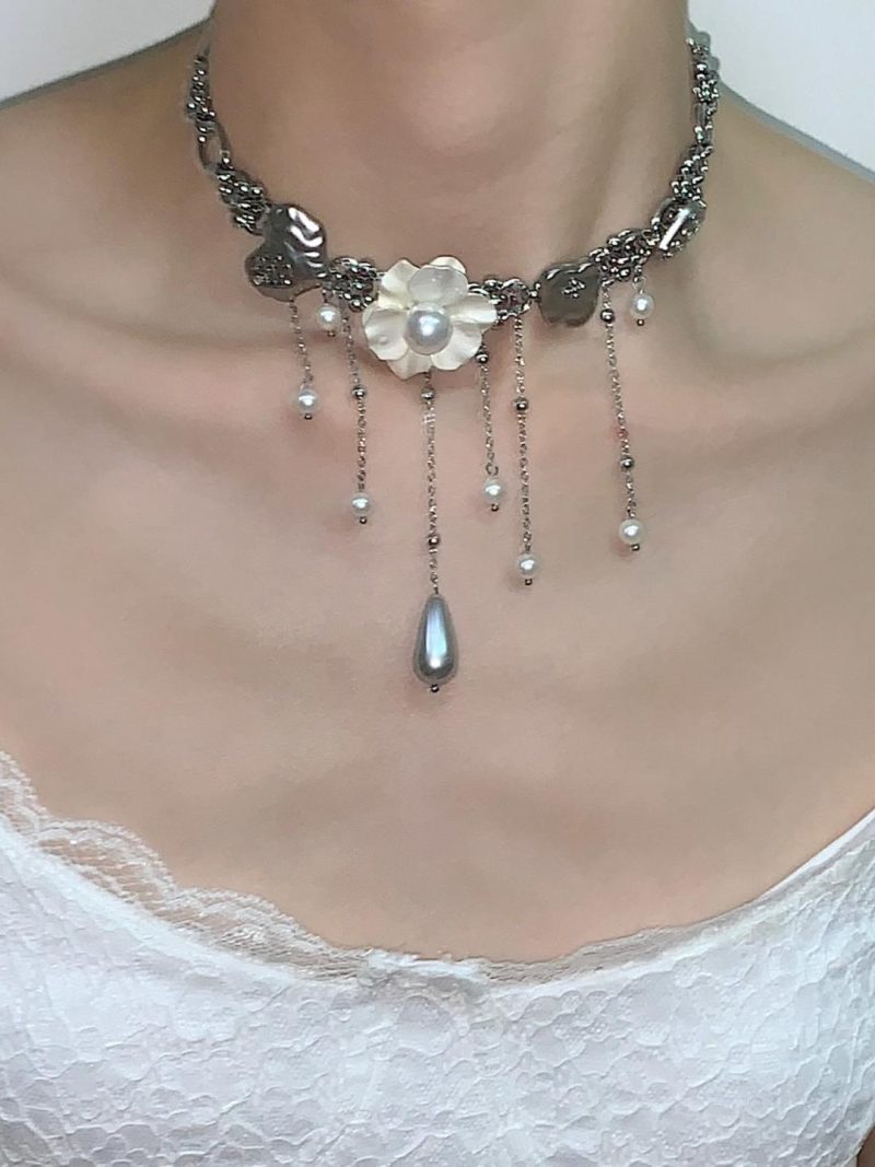 WhiteFlowerTasselChokerNecklace11