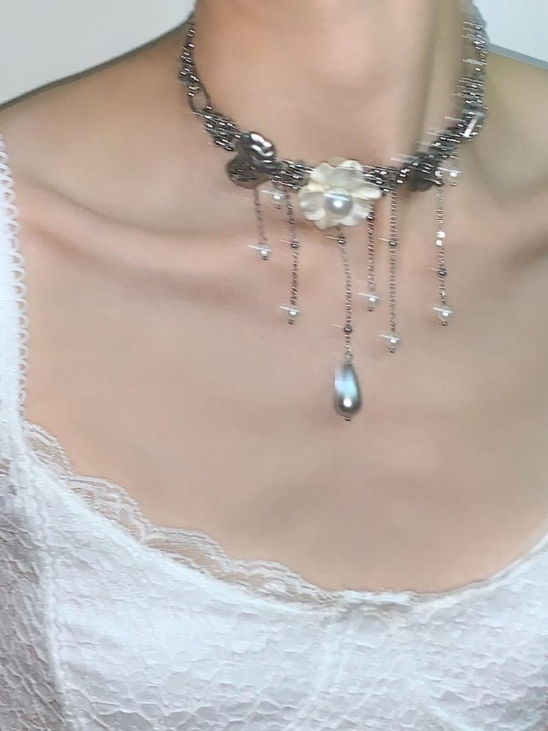 WhiteFlowerTasselChokerNecklace12