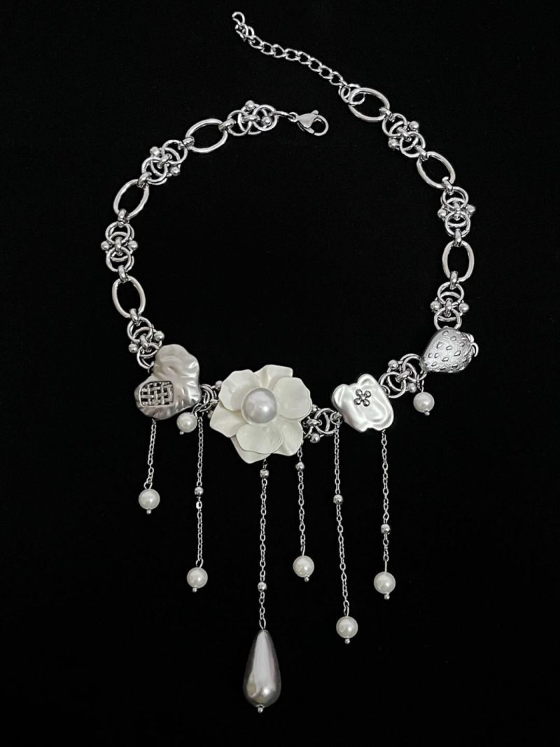 WhiteFlowerTasselChokerNecklace13