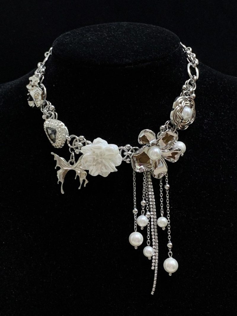 WhiteFlowerTasselChokerNecklace7