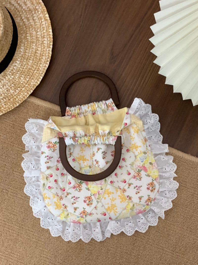 YellowFloralPrintedLaceWoodenHandleHandbag5